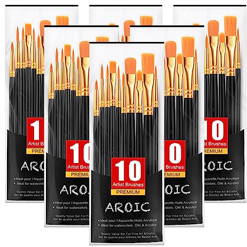 AROIC Acrylic Paint Brushes, 6 Packs / 60 pcs Nylon Hair Paint Brush Set for All Purpose Oil Watercolor Painting Artist Professional Kits (Black) AROIC
