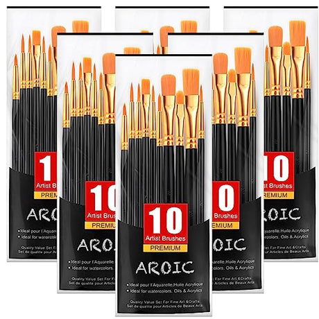 AROIC Acrylic Paint Brushes, 6 Packs / 60 pcs Nylon Hair Paint Brush Set for All Purpose Oil Watercolor Painting Artist Professional Kits (Black) AROIC