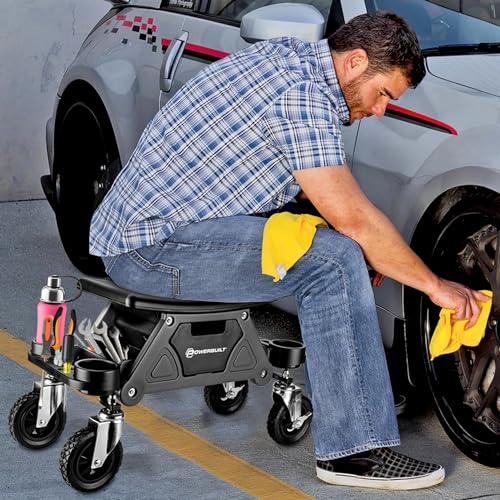 Powerbuilt Big Wheel Rolling Seat, Off-Road Series, Locked in Tool Trays, Heavy-Duty Wheels for Gravel and Rocks - Grey 642965ECE Powerbuilt