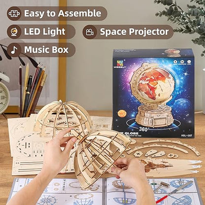 MIEBELY 3D Wooden Puzzles for Adults USB Charging Illuminated Globe Music Box DIY LED Wood Model Building Kits with Space Projector Stem toys Christmas Gifts for kids Desk Decor for Boys/Girls Ages 8+