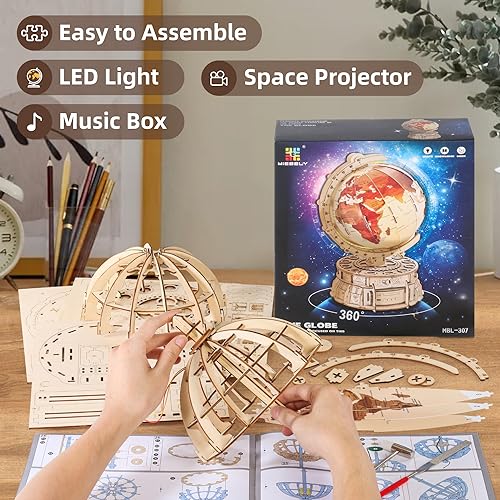 MIEBELY 3D Wooden Illuminated Globe Music Box with Space Projector - DIY LED Puzzle Kit for Adults - WoodArtSupply