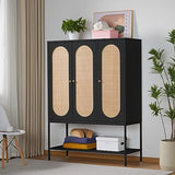 LEVNARY Large Armoire Wardrobe Closet with 3 Doors, Rattan Wardrobe Cabinet with Hanging Rail for Clothes, Freestanding Wooden Closet for Bedroom, LEVNARY