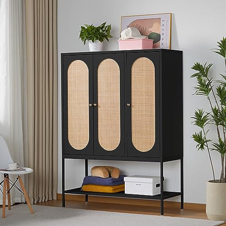 LEVNARY Large Armoire Wardrobe Closet with 3 Doors, Rattan Wardrobe Cabinet with Hanging Rail for Clothes, Freestanding Wooden Closet for Bedroom, LEVNARY