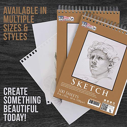 U.S. Art Supply 8" x 10" Top Spiral Bound Sketch Book Pad, Pack of 2, 100 Sheets Each, 60lb (100gsm) - Artist Sketching Drawing Pad, Acid-Free - U.S. Art Supply