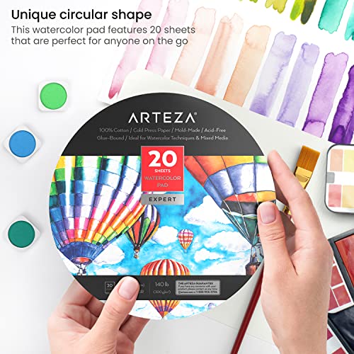 Arteza Watercolor Paper, 7-Inch Diameter, 20 Round Sheets, 140-lb Drawing Pad for Painting and Sketching, Art Supplies for Mixed Media and Watercolor ARTEZA