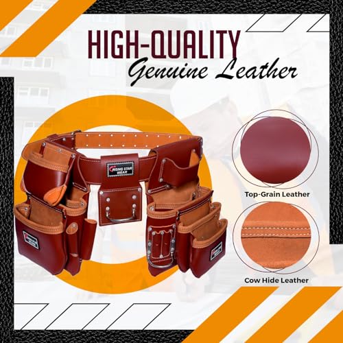 RISING STAR 100% GENUINE BROWN LEATHER TOOL POUCH WITH BELT- MINI TOOL BAG FOR NAILS, HAMMER, PILERS & TAPE MEASURE HOLDER BEST TOOL POUCH FOR WoodArtSupply