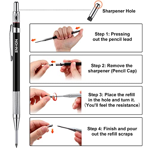 Enhon 2 MM Carpenter Pencils Set with 12 Marker Refills and Sharpener, Mechanical Carpenter Pencil Woodworking Marking Tool Solid Deep Hole - WoodArtSupply