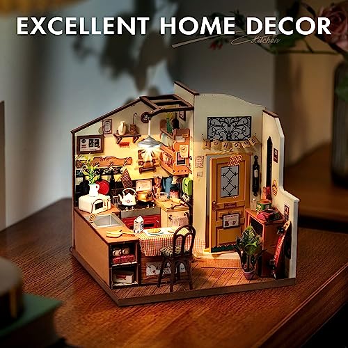 ROBOTIME Miniature House Kit DIY Miniature Dollhouse with Furniture Tiny Room Kit with LED Light Hobby Gift for Kids & Adults (Cozy Kitchen) ROBOTIME