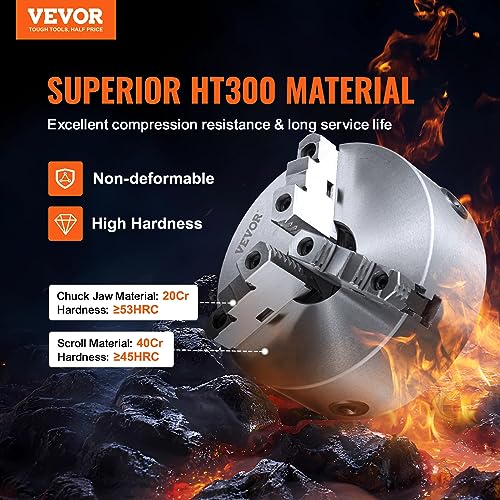 VEVOR 3-Jaw Lathe Chuck, 10'', Self-Centering Lathe Chuck, 0.24-9.84 in/6-250 mm Clamping Range with T-key Fixing Screws Hexagon Wrench, for Lathe 3D VEVOR