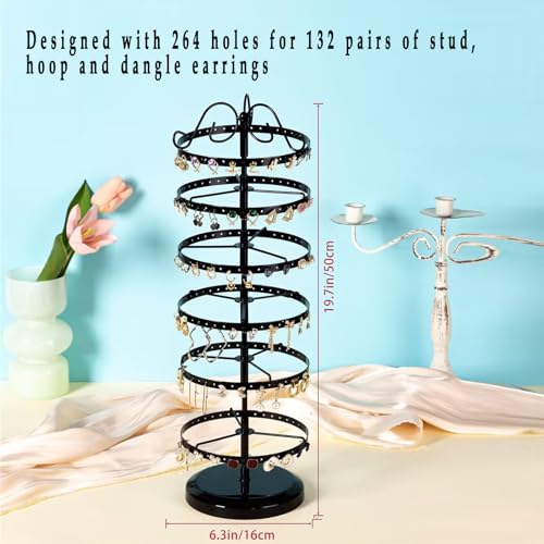 HomeToDou 6 Tier Metal Rotating Earring Holder Organizer,Adjustable Earring Storage Display Tower Rack,Exquisite Jewelry Display Stand,264 Holes