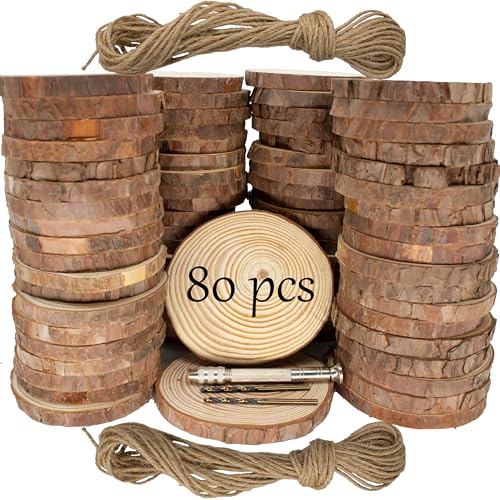 Unfinished Natural Wooden Slices 80 Pcs 3.2-4 Inch Wood Circles for Crafts DIY Christmas Ornament Craft Wood Kit with Bit,Blank Round Wood Slice with