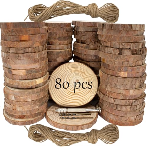Unfinished Natural Wooden Slices 80 Pcs 3.2-4 Inch Wood Circles for Crafts DIY Christmas Ornament Craft Wood Kit with Bit,Blank Round Wood Slice with KXEXK
