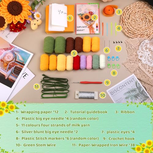 Iuuidu Crochet Kit for Beginners, Sunflower Beginners Crochet Kit, Crochet Flower Bouquet Kit, Knitting Starter Kit for Adults with Step-by-Step Iuuidu