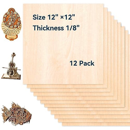 12 Pack Basswood Sheets for Crafts-12 x 12 x 1/8 Inch- 3mm Thick Plywood Sheets with Smooth Surface-Unfinished Craft Wood Boards for Laser Engraving - WoodArtSupply