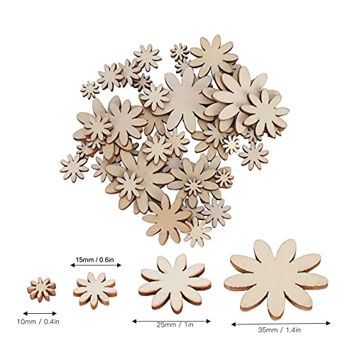 250Pcs Flower Shape Unfinished Wooden Flower Slices Wooden Flowers Wood Cutout with Mixed Sizes for Christmas Wedding Party DIY Crafts Decor Pssopp