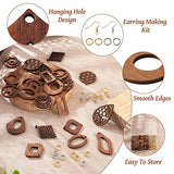 FASHEWELRY 24Pcs Natural Filigree Wood Earring Charms Blank Flat Round Teardrop Oval Walnut Wooden Pendants with 120pcs Earring Hooks Jump Rings for FASHEWELRY