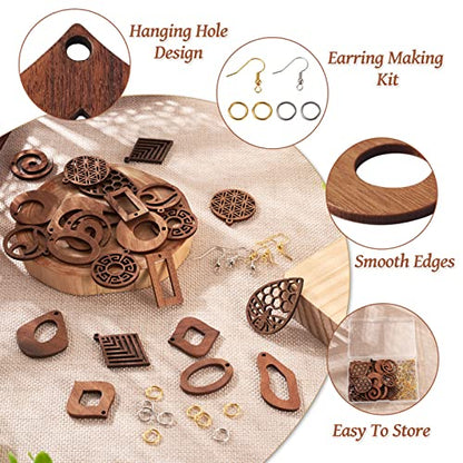 FASHEWELRY 24Pcs Natural Filigree Wood Earring Charms Blank Flat Round Teardrop Oval Walnut Wooden Pendants with 120pcs Earring Hooks Jump Rings for