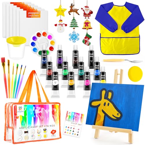 POPYOLA Acrylic Paint Set for Kids with Portable Gift Bag, Art Supplies Kids Painting Set with Non Toxic Paints, Smock, Easel, Ornaments, Paint