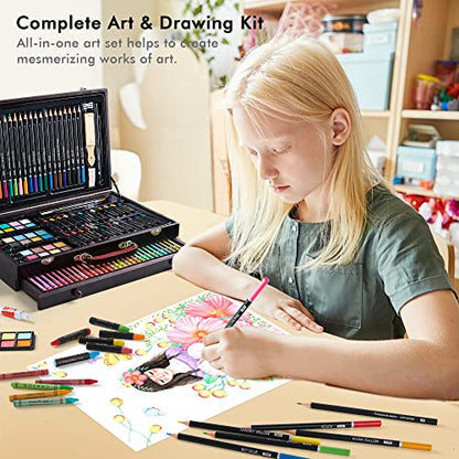 Shuttle Art 186 Piece Deluxe Art Set, Art Supplies in Wooden Case, Painting Drawing Art Kit with Acrylic Paint Pencils Oil Pastels Watercolor Cakes