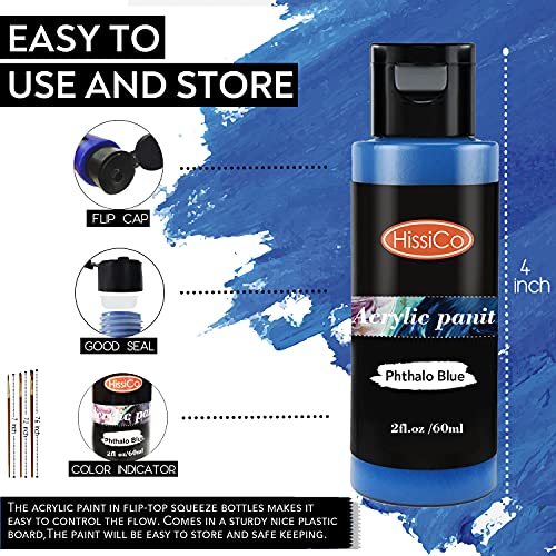 Acrylic Paint Set 36 PCS of 24 Colors 2fl oz 60ml Bottles with 12 Brushes,Non Toxic 24 Colors Acrylic Paint No Fading Rich Pigment for Kids Adults HissiCo