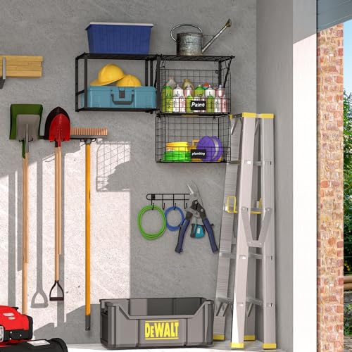ThreeHio Garage Shelf Wall Mounted with Wire baskets, Heavy Duty Garage Wall Shelving with Garden Tool Rack and Hooks, Wire Shelf Baskets Tool ThreeHio
