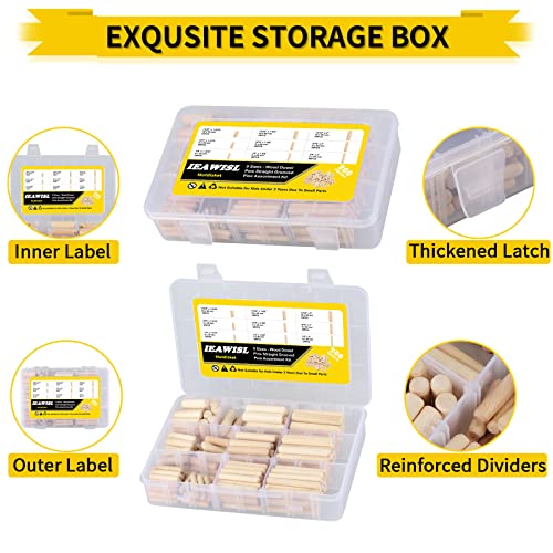 Wooden Dowel Pins, 200PCS Mutdisket Wood Beveled Ends Tapered Pins Wood Pegs, Groove Wooden Dowel Pins - 9 Sizes 6mm 8mm 10mm Straight Grooved Pins IEAWISL