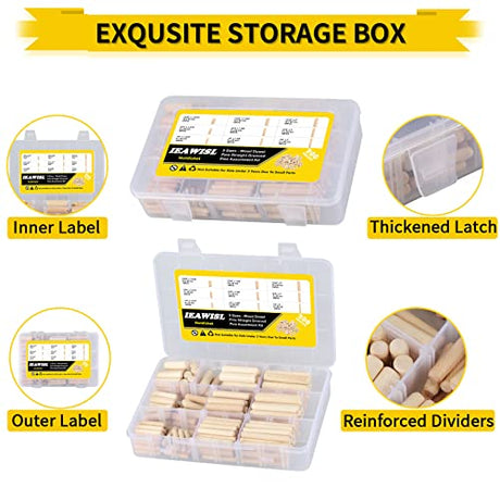 Wooden Dowel Pins, 200PCS Mutdisket Wood Beveled Ends Tapered Pins Wood Pegs, Groove Wooden Dowel Pins - 9 Sizes 6mm 8mm 10mm Straight Grooved Pins IEAWISL