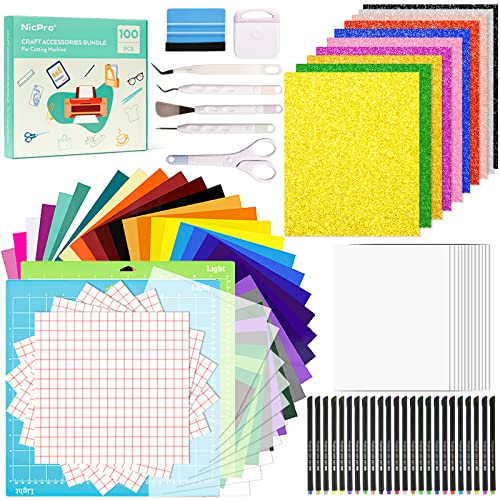 Nicpro 100PCS Accessories Bundle for Cricut Maker and All Explore Air, Ultimate Tools and Accessories Kit for Beginner with Adhesive Vinyl Sheet, - WoodArtSupply