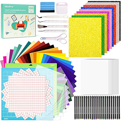 Nicpro 100PCS Accessories Bundle for Cricut Maker and All Explore Air, Ultimate Tools and Accessories Kit for Beginner with Adhesive Vinyl Sheet, - WoodArtSupply