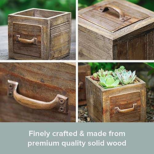 Country Style Wood Planter Box [1-Drawer] Rustic Wooden Flower Box - 5.5"x5.5" Square Planter - Small Wood Crates Unfinished Succulent Planters -