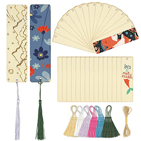 SWATOM Wood Bookmarks Blank DIY Wooden Bookmark Craft Bulk 30 PCS Unfinished Wood Tags Rectangle Shape Ornaments with Holes and Tassels for Wedding SWATOM