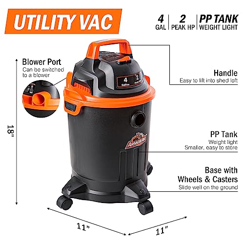 Armor All VO405P 0901 4 Gallon Wet/Dry Vac 2.0 Peak HP Shop Vacuum with Nozzles & Brush,Black/Orange Armor All