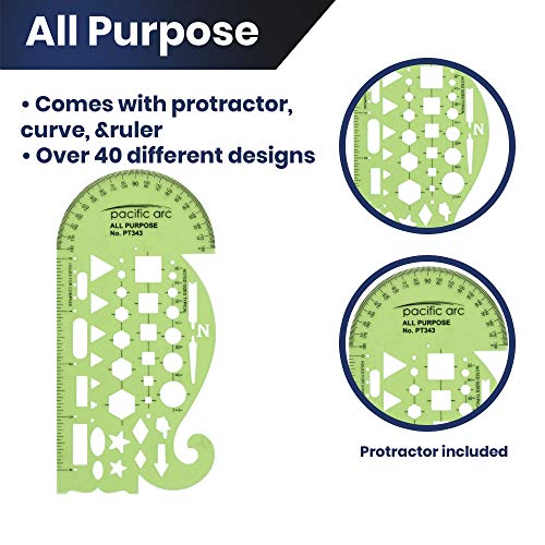 Pacific Arc All Purpose Template Guide, Featuring A Protractor, 4 Inch Ruler, French Curves, and Standard Shapes - WoodArtSupply