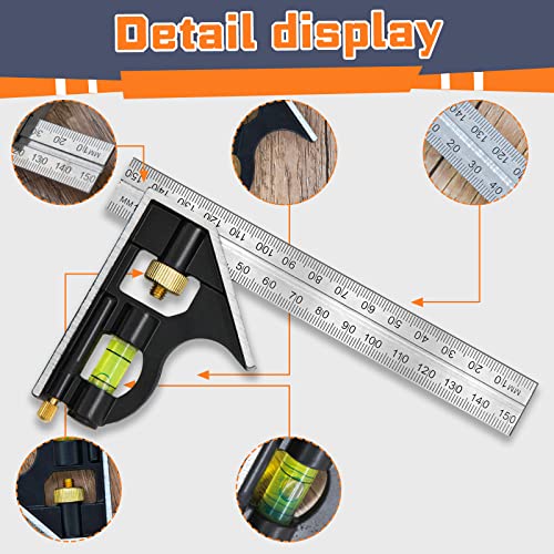 Sirius&Co 6" Combination Square of Metric and Imperial Measurements Stainless Steel Angle Ruler - WoodArtSupply