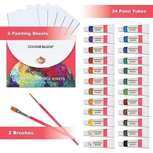 COLOUR BLOCK 32 Acrylic Paint Set with Brushes and 6 Sheet Paper - Perfect School Supply for Creating Beautiful Masterpieces
