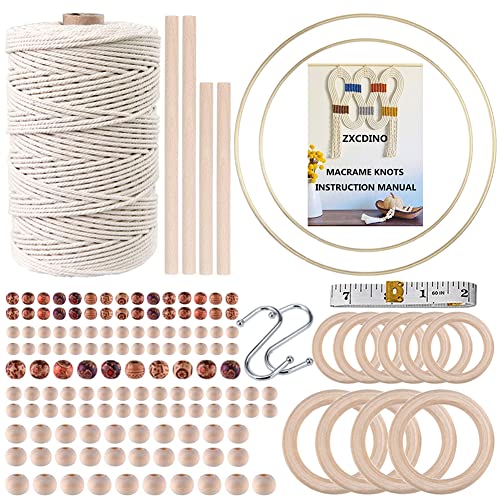 152pcs Macrame Kits for Beginners 3mm x 220yards Natural Cotton Macrame Cord with Wooden Beads,Wooden Rings,Wooden Sticks,Metal Rings Macrame ZXCDINO
