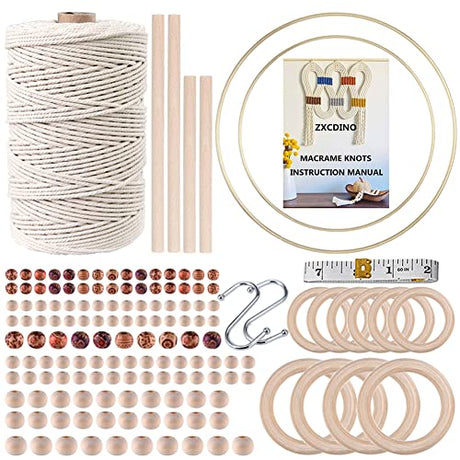 152pcs Macrame Kits for Beginners 3mm x 220yards Natural Cotton Macrame Cord with Wooden Beads,Wooden Rings,Wooden Sticks,Metal Rings Macrame ZXCDINO