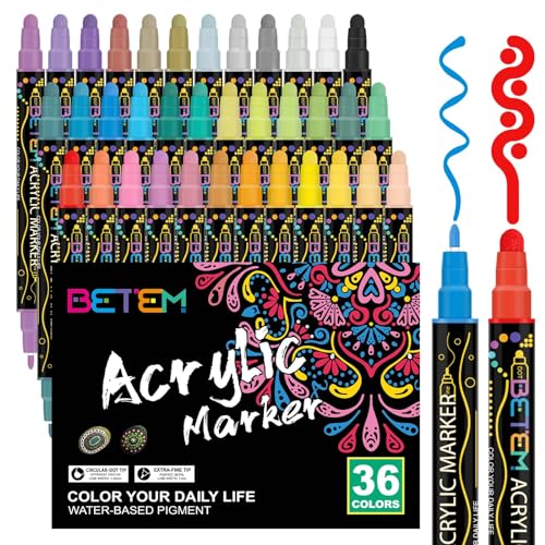Betem 36 Colors Dual Tip Acrylic Paint Pens Markers, Premium Acrylic Paint Pens for Wood, Canvas, Stone, Rock Painting, Glass, Ceramic Surfaces, DIY Betem