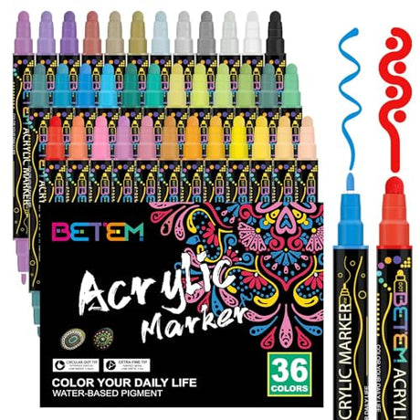 Betem 36 Colors Dual Tip Acrylic Paint Pens Markers, Premium Acrylic Paint Pens for Wood, Canvas, Stone, Rock Painting, Glass, Ceramic Surfaces, DIY Betem