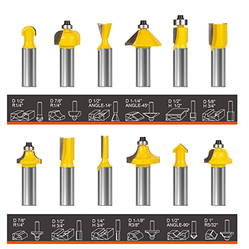 Router Bits Set 1/2 Inch Shank - BAIDETS 12 Pieces 1/2" Tungsten Carbide Router Bits, Woodwork Tools - WoodArtSupply