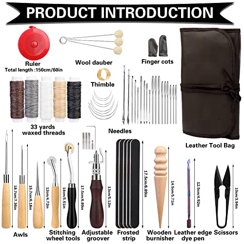 TLKKUE Leather Working Tools Leather Sewing Kit Leather Craft Tools with Storage Bag, Groover, Stitch Wheel, Waxed Threads, Awl, Needles, Manual, - WoodArtSupply