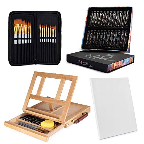 Acrylic Paint Set for Adults & Kids Includes Tabletop Easel Canvas and Brushes 24 Acrylic Paint Colors 15 Brushes 1 Easel 1 Canvas | Painting Kit for
