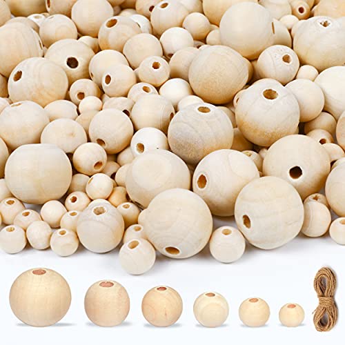 225 Pcs Unfinished Wooden Beads-6 Sizes- Includes 8m Jute Twine - Natural Wooden Beads for Crafts, Tassel Garland, Jewelry Making, Macrame, Bracelets - WoodArtSupply