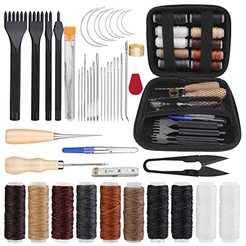 Yizzvb 46Pcs Leather Stitching Sewing Kit, Leather Sewing Tool Kit with 4mm Lacing Stitching Chisel, Waxed Thread and Large-Eye Stitching Needles for Yizzvb