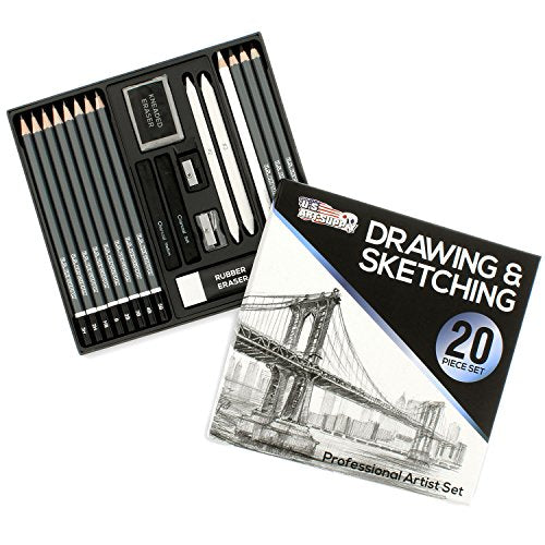 U.S. Art Supply 20 Piece Professional Hi-Quality Artist Sketch Set in Hard Storage Case - Sketch & Charcoal Pencils, Pastel, Stumps, Eraser, - WoodArtSupply