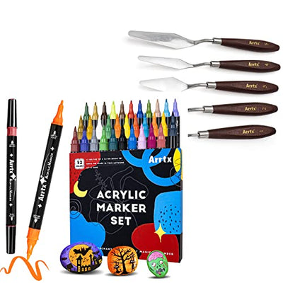 Bundle of 5 Pieces Painting Knives with Arrtx Acrylic Paint Pens, 32 Colors Brush Tip and Fine Tip (Dual Tip) Paint Markers for Rock Painting