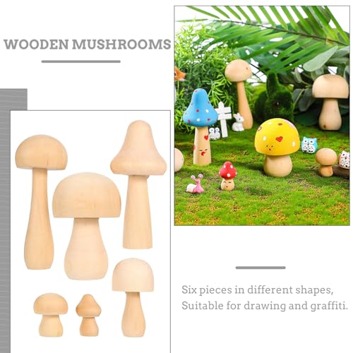 VILLCASE 6pcs Unfinished Wooden Mushroom, Various Sizes Mushroom Natural Mini Wood Mushrooms Figures for Craft Projects and DIY Home Mushroom Decor VILLCASE