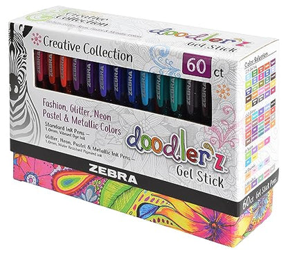 Zebra Pen Doodler'z Gel Stick Pen 1.0mm Assorted 60Pk (41960) - WoodArtSupply