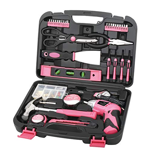 Apollo 135 Piece Household Tool Kit Pink with Pivoting Dual-Angle 3.6 V Lithium-Ion Cordless Screwdriver - DT0773N1 Apollo