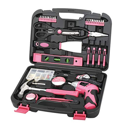 Apollo 135 Piece Household Tool Kit Pink with Pivoting Dual-Angle 3.6 V Lithium-Ion Cordless Screwdriver - DT0773N1